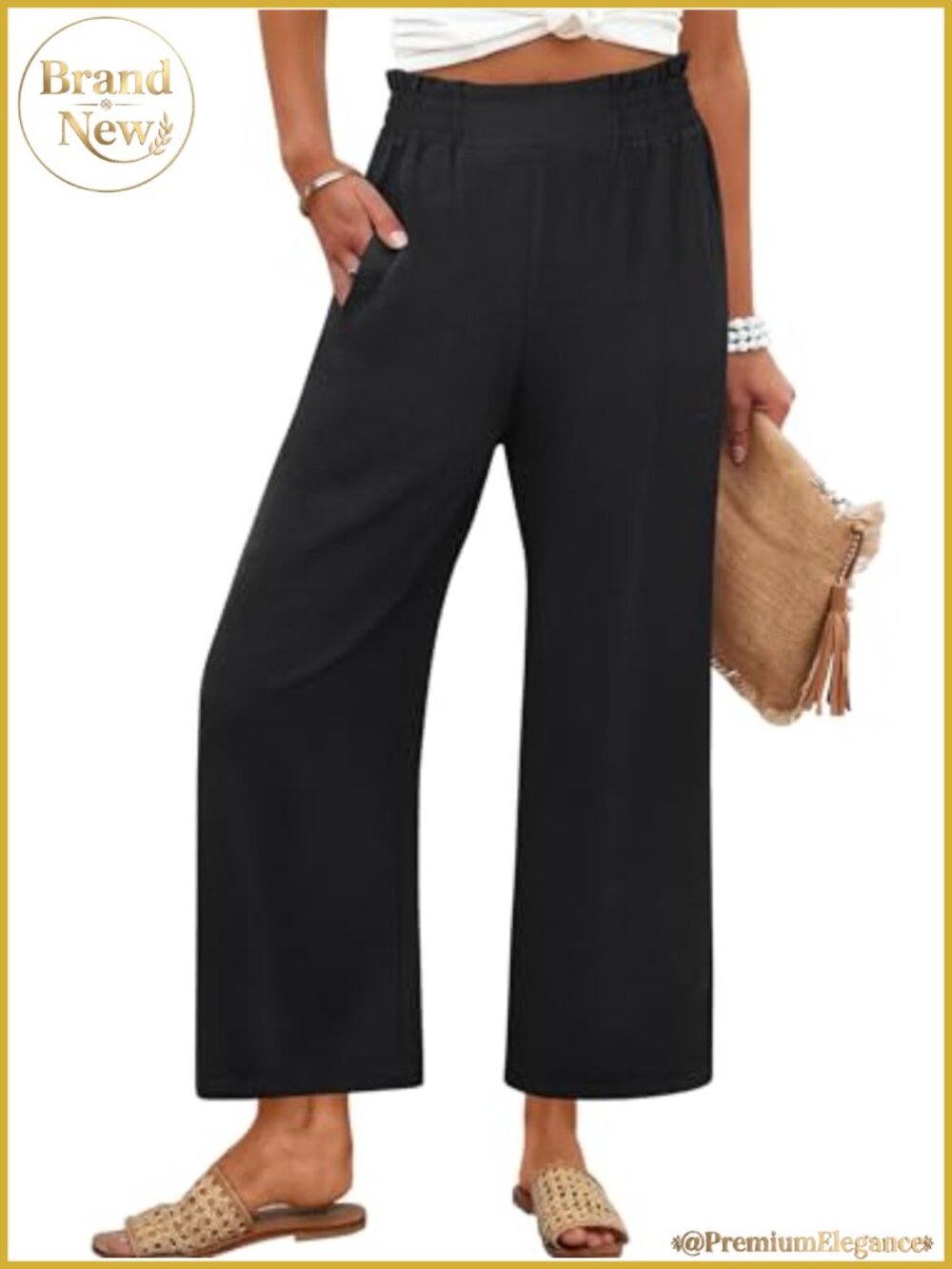 Wide Leg Palazzo Pants High Waisted Cropped Flow Pants with Pockets